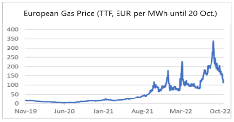 Finance4Learning | European Gas Price (TTF, EUR per MWh until 20 Oct.)